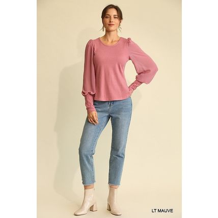 Solid Knit And Chiffon Mixed Top With Puff Long Sleeve
