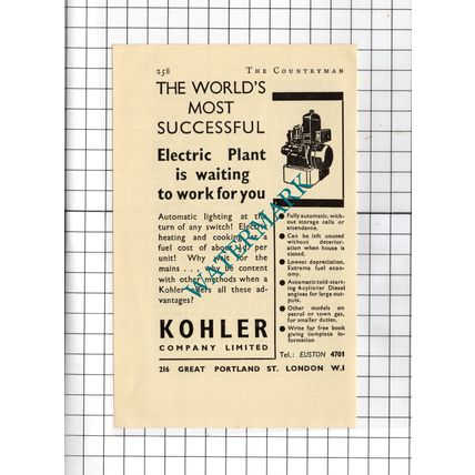 Kohler Company Ltd London - 1938 Small Advert