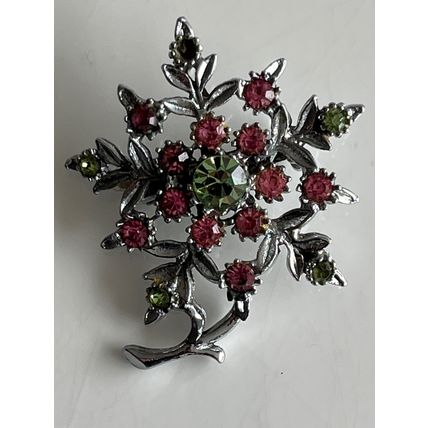 VINTAGE PIN BROOCH - PINK & GREEN FLOWERS