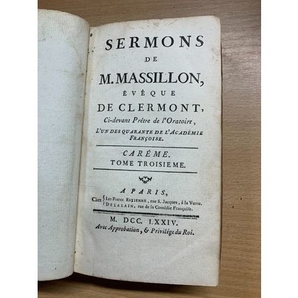 1774 "SERMONS DE M MASSILLON EVEQUE DE CLERMONT" VOL 3 RELIGIOUS BOOK (P3)
