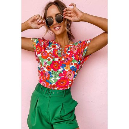 Red Floral Split Neck Top