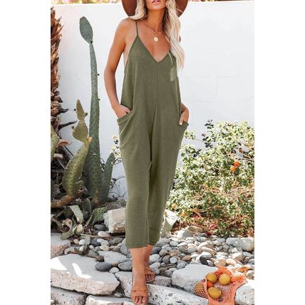 Green Textured Sleeveless V-Neck Pocketed Casual Jumpsuit