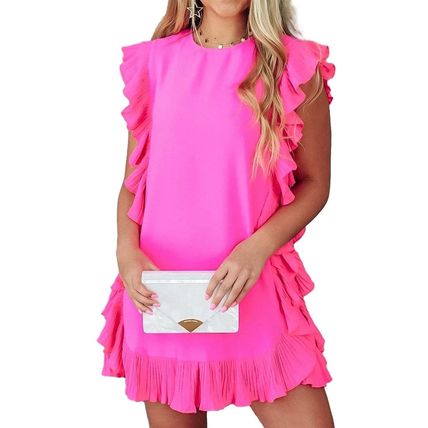 Bright Pink Solid Ruffled Edge Keyhole Back Mini Dress