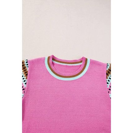 Bright Pink Contrast Printed Cap Sleeves Crewneck Sweater