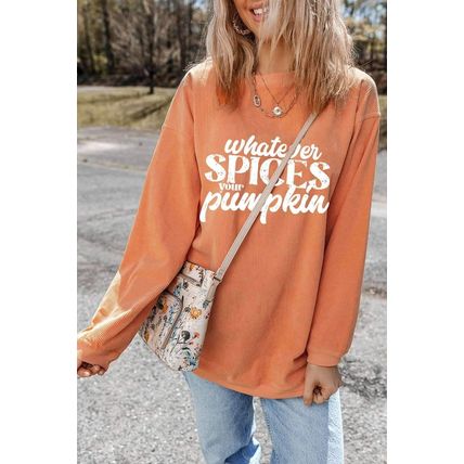 Orange Whatever Spices Your Pumpkin Graphic Corded Pullover Sweatshirt