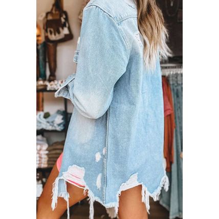 Beau Blue Light Wash Distressed Frayed Long Denim Jacket