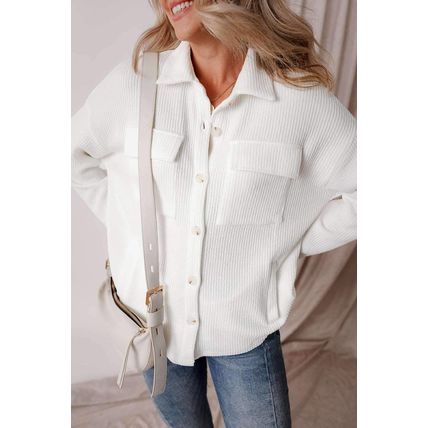 White Solid Color Corduroy Buttoned Long Sleeve Shacket