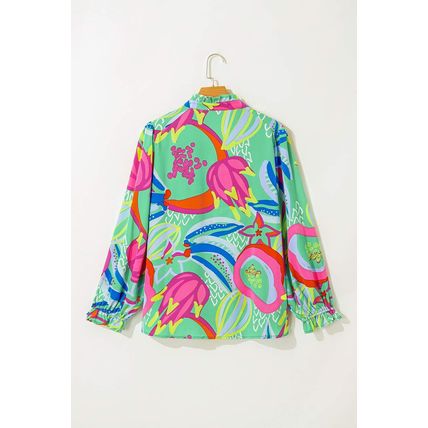 Green Abstract Printed Flounce Sleeve V Neck Buttoned Plus Size Blouse