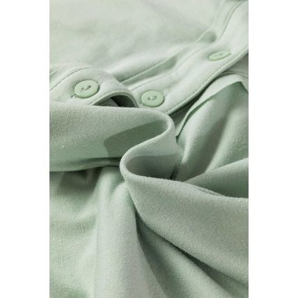 Meadow Mist Green Contrast Printed Bubble Sleeve Henley Loose Top with Slits