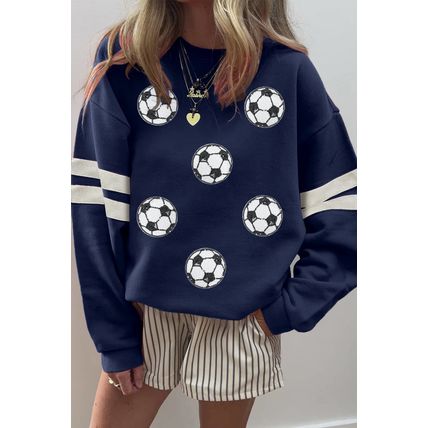 Navy Blue Soccer Football Sequin Patched Graphic Oversized Varsity Sweatshirt
