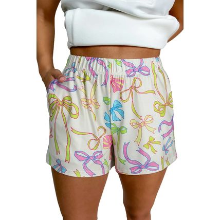 White Cheerful Bow Print Elastic Pull On Casual Shorts