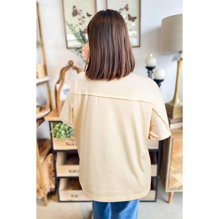 Apricot Flower Patched Exposed Stitching Trim Crew Neck Loose Tee