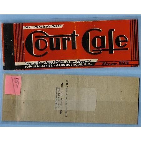 New Mexico Albuquerque Full Length Matchcover Advertising Court Cafe New M~666