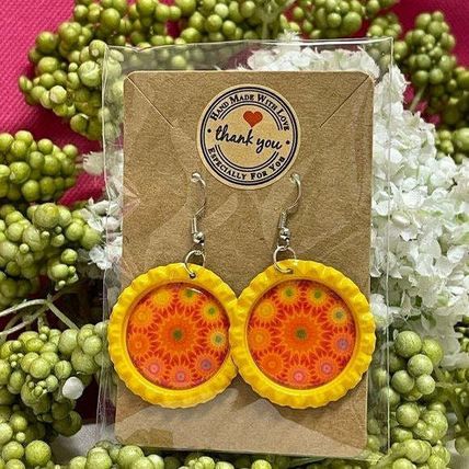 Orange Floral Circles Bottle Cap Retro 60's Dangle Fish-hook Earrings