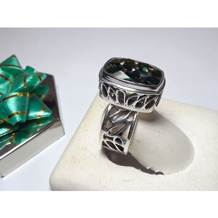 Estate 15ct Green Checkerboard Lepard Print Quartz SAJEN Fancy 925 Ring #16017