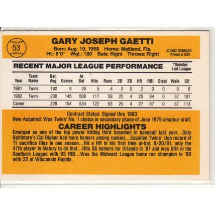 1983 Donruss baseball card 53 Gary Gaetti RC - Twins