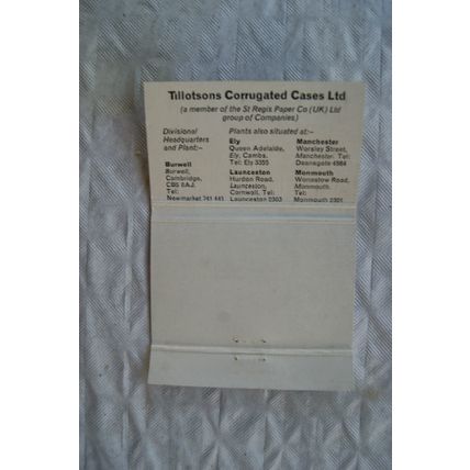 Matchbook cover Tillotson Corrugated Cases Ltd