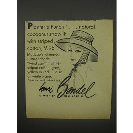 1956 Henri Bendel Hat Ad - Planter's Punch natural cocoanut straw