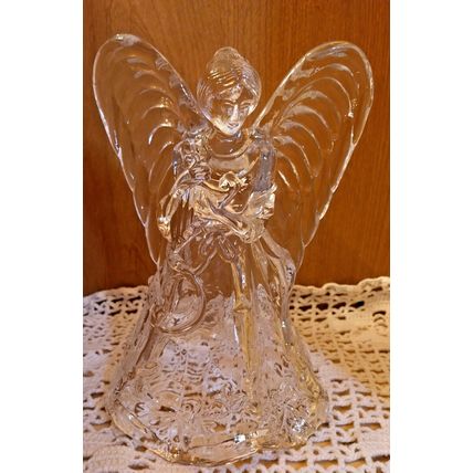 Vintage Heavy Clear Crystal Angel Playing Harp 7.5" H 5.5" W Candle Holder
