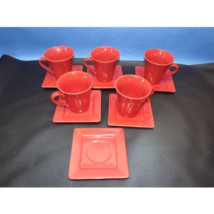 10 STRAWBERRY STREET Set 5 Mugs 6 Saucer Square Plates Red Coffee Oven Safe