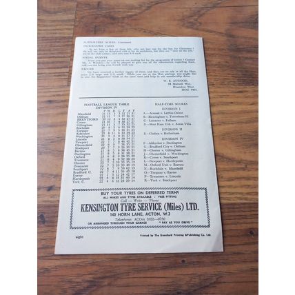 1962/63 Brentford (Champions) vs Doncaster - Division 4, 15/12/62 ** FREE P&P **
