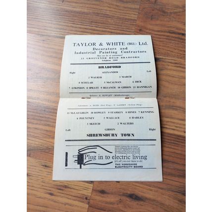 1961/62 Bradford Park Ave vs Shrewsbury - Division 3, 13/1/1962 ** FREE P&P **