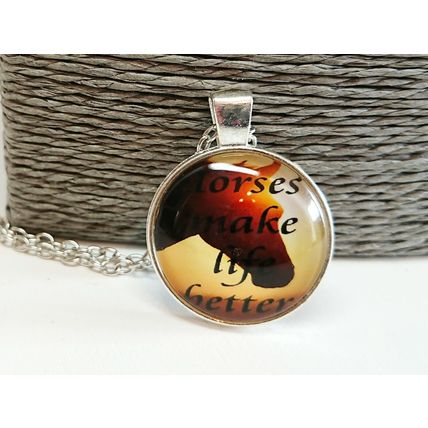 Horses Make Life Better Glass Cabochon Pendant Silver Necklace Gift