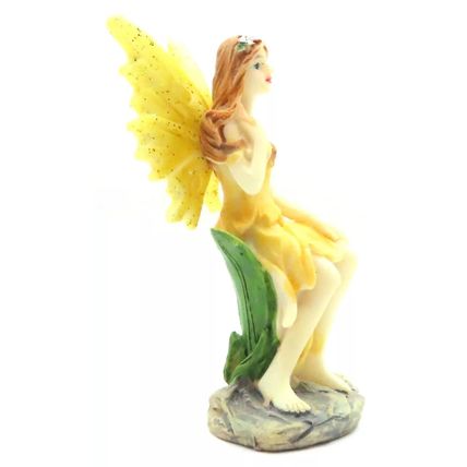 Sitting Fairy Ornament Figurine Yellow Dress & Yellow Wings 8.3 CM Gift Collect