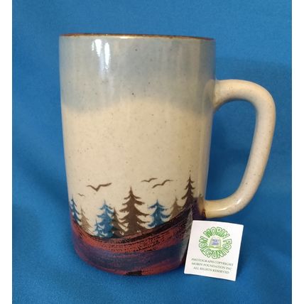 CERAMIC TANKARD NEW ENGLAND MOUNTAIN SCENE with PINE TREES and BIRDS + RECIPES