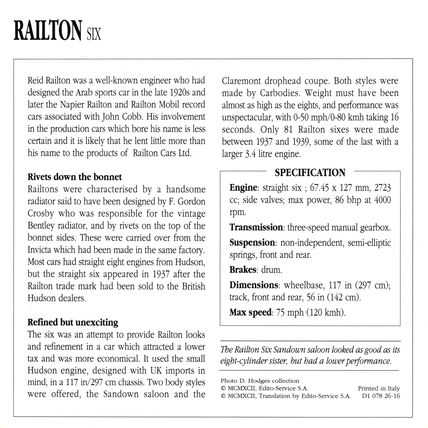 Collectors Club card. Classic Cars. Railton Six