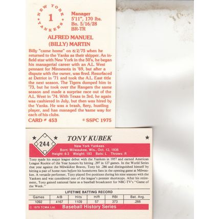 BILLY MARTIN & TONY KUBEK AUTOGRAPH 1975/79 NEW YORK YANKEES HOF WORLD CHAMPIONS