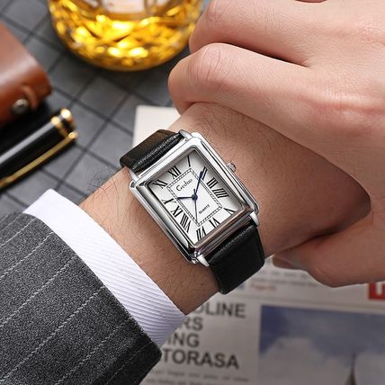 Gents White Tank Square Face Roman Numerals Black Genuine Leather Strap Watch