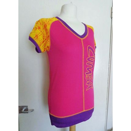 Zumba short sleeved V neck Tee Top Fuchsia Pink multi XS UK 8