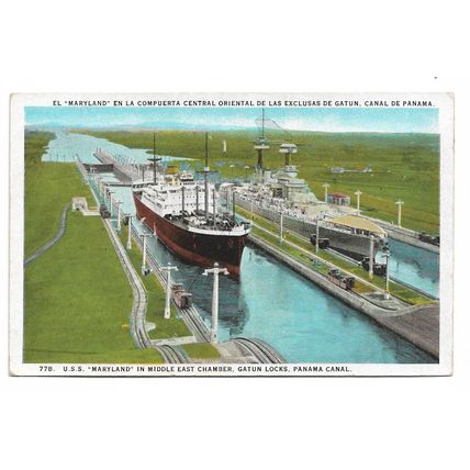 Postcard US Navy USN USS Maryland battleship Gatun Locks Panama Canal unposted