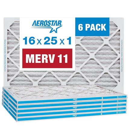 Aerostar 16X25X1 MERV 11 - 6 Count - Pleated HVAC, Furnace & Air Conditioner Fil