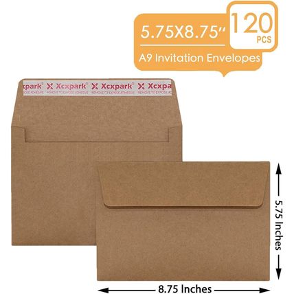 120 Qty A9 Invitation Envelopes 5.75X8.75, Self Seal 120GSM Brown Kraft Paper En