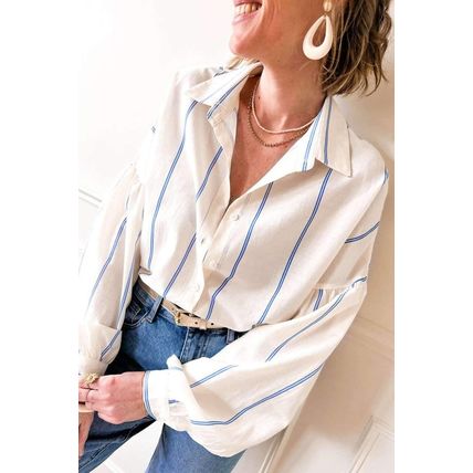 Sky Blue Stripe Drop Shoulder Bubble Sleeve Loose Shirt