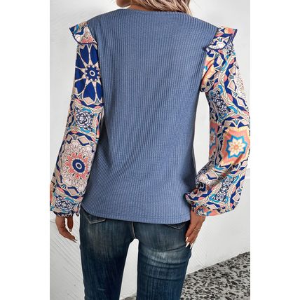 Ashleigh Blue Ruffled Floral Sleeve Patchwork Waffle Knit O Neck Blouse
