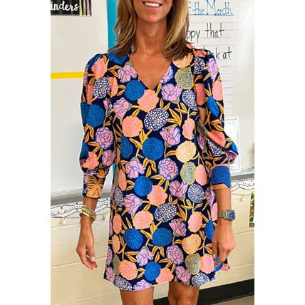 Navy Blue Hydrangea Floral Print Bishop Sleeve V Neck Shift Dress