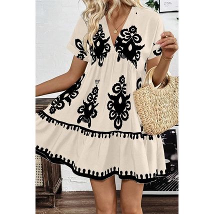 Black Vintage Print V Neck High Waist Short Sleeve Dress