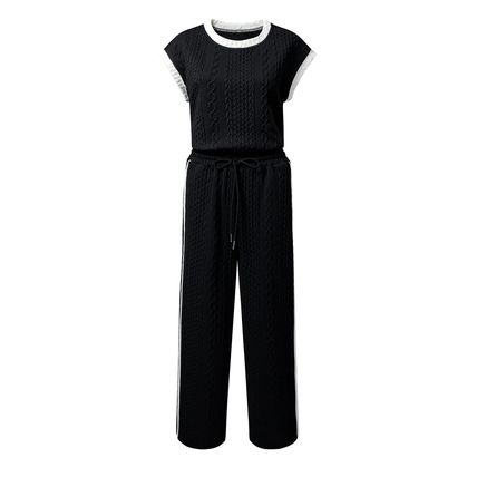 Black Cable Knit Contrast Trim Short Sleeve Top and Pants Set