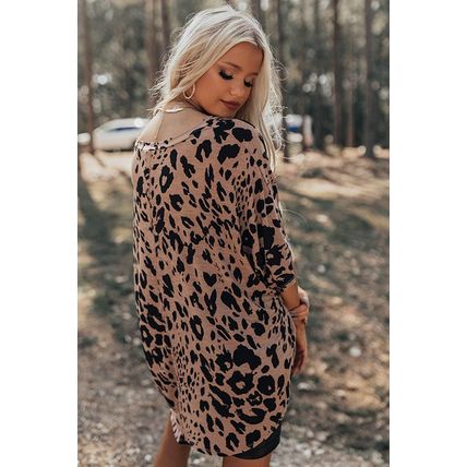 Brown Leopard Print V Neck Half Sleeve Oversized Tee
