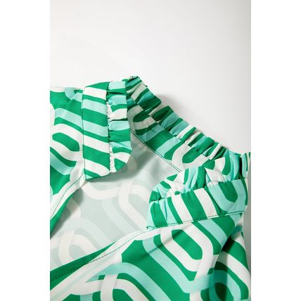 Bright Green Abstract Patterned V Neck Puff Short Sleeve Mini Dress