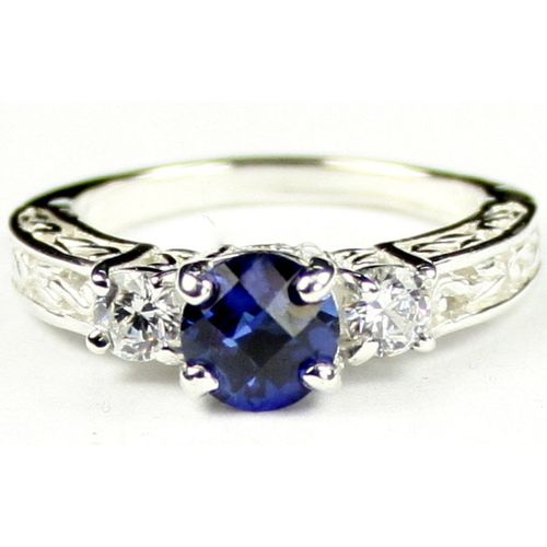 Created Blue Sapphire w/ Two 4mm CZ Accents, 925 Sterling Silver Engagement Ring