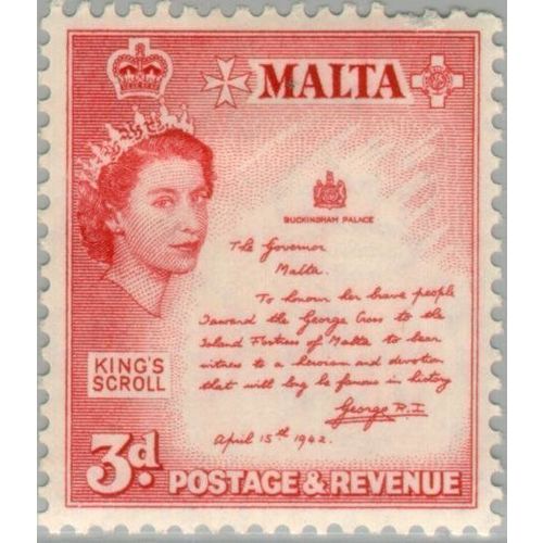 Malta QEII 1956 3d Rose Red Mounted Mint MM SG 272 Sc 252 stamp King's Scroll