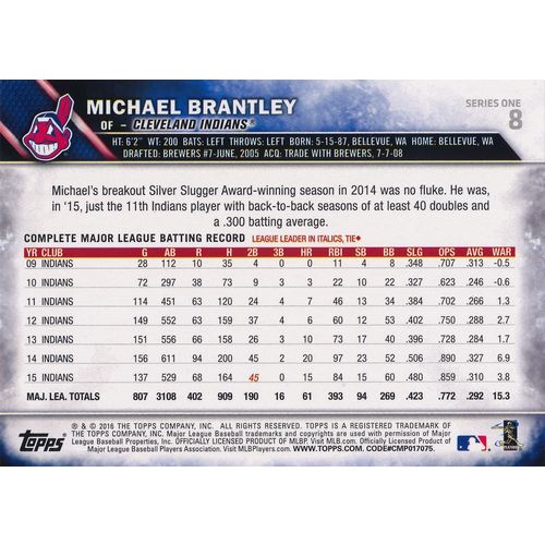 2016 Topps Baseball 8 Michael Brantley Cleveland Indians