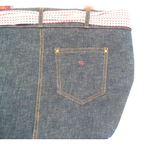 Denim Dark Blue and Red Gingham Style Tote Shoulder Bag T2