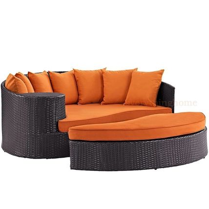 Outdoor Patio Brown Rattan Round Day Bed Lounge Sofa UV Resist. Synthetic Rattan