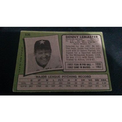 1971 Topps Card # 636 Denny Lemaster Good (2) Houston Astros