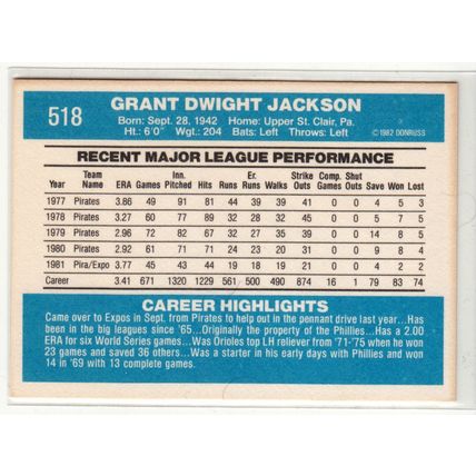 1982 Donruss baseball card 518 Grant Jackson